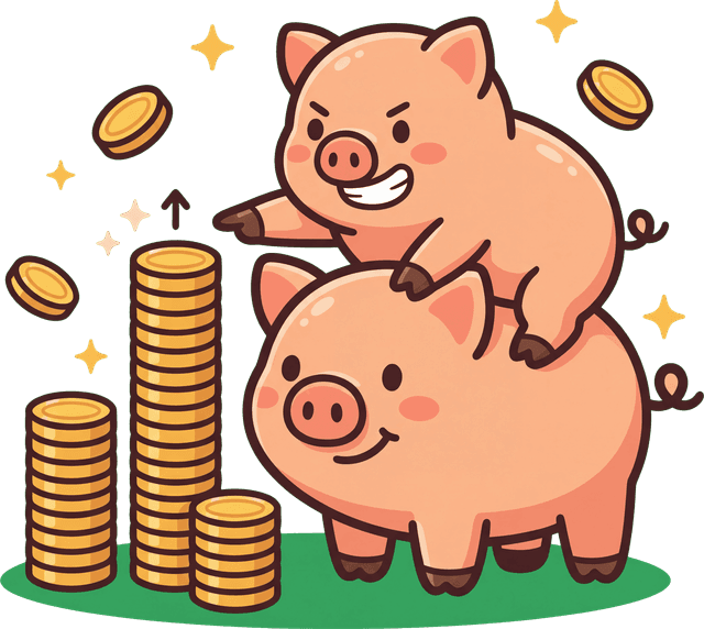 Penny riding piggyback on Buck pointing at a bar chart made of stacked gold coins