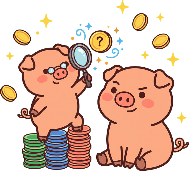 Professor Penny with glasses examining coins sorted into color-coded piles while Buck watches impressed