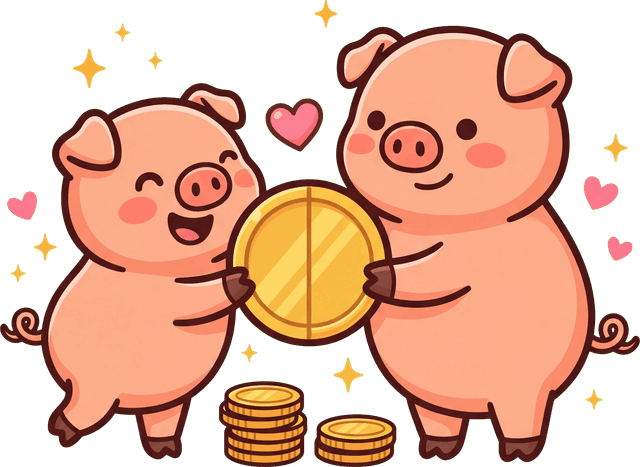 Penny and Buck holding a gold coin together with hearts floating above